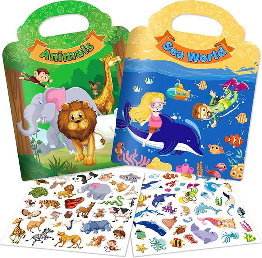 2 Sets Reusable Sticker Books for Toddler 1-3, Activity Books for Toddlers 2-4, Arts Crafts Jelly Stickers Travel Toys for Kids 3-5, Holiday and Birthday Gifts Easter Basket Stuffers for Boys Girls