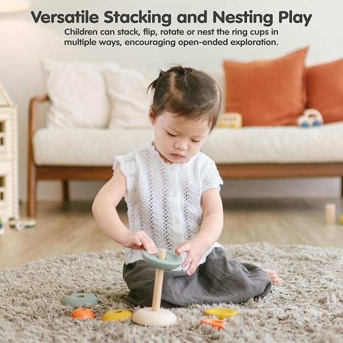 PlanToys® Stacking Cups Ring Wooden Montessori Size Colour Sorting Kids Toy | stacking cups ring, wooden montessori size colour sorting, fine motor early math coordination, educational activity, toddlers