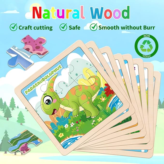 Wooden Dinosaur Puzzles for Toddlers, 8 Pack 9 PCS Jigsaw Puzzles for Kids | Wooden Puzzles for Toddlers 3-5, Dinosaur Toys for Kids 3-5, Preschool Puzzles Learning Educational Sets Toys