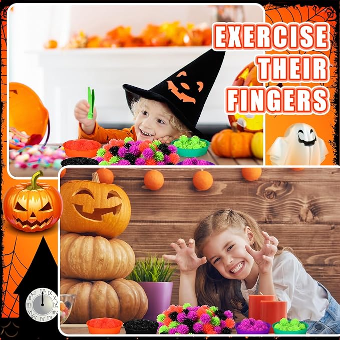 Leitee 71 Pcs Sensory Bin Filler,Black,Halloween | Hedge Balls Tweezers Clips Cups, Fine Skills Toys Set for Kids Counting Sorting, Sensory Bin Tools Preschool Learning