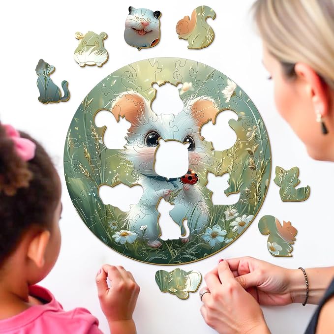 Animal Wooden Puzzles for Kids - Woodland Mouse | 50 Piece Puzzles for Kids Ages 4-6 - Kids Puzzle with Unique Piece Shapes - Round Puzzle for Boys and Girls (11.4 * 11.4 in)