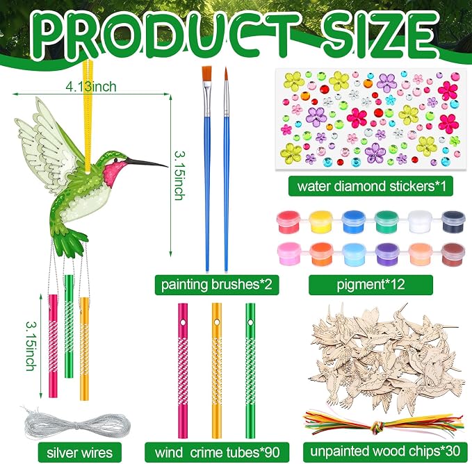 JellyArch 30 Pack Hummingbird Chime Craft Kit for Kids, DIY Painting Set | Wooden Ornament Art, Includes Chime Tubes Paints Brushes Stickers, Bulk Set for Summer Parties Group Activities