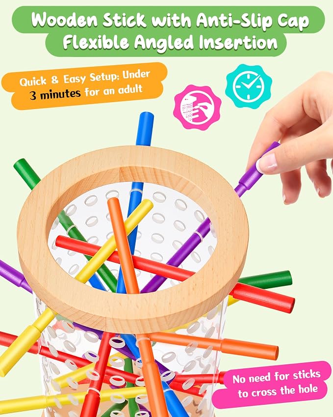 Wooden Board Games for Kids 3-8 Montessori Toys Fine Motor Skills Toy Dice | 42 Non-slip Sticks, 3-Min Quick Setup, Clear Interior View, Wooden Stick Game Color Matching, CPC-Certified, Ages 4–6 Gift