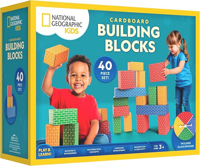 National Geographic Kids Jumbo Cardboard Building Blocks 40-Piece Set | Heavy-Duty Bricks in 3 Sizes, Game Spinner, Activity Cards, Indoor Construction Play, STEM Learning, Ages 3+