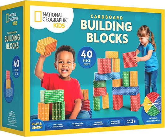 National Geographic Kids Jumbo Cardboard Building Blocks 40-Piece Set | Heavy-Duty Bricks in 3 Sizes, Game Spinner, Activity Cards, Indoor Construction Play, STEM Learning, Ages 3+
