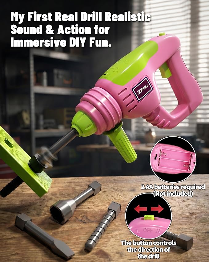 Kids Tool Set for Grils with Electronic Toy Drill & Tool Box | Toddler Tool Set STEM Pretend Play Construction Toys with Costume Vest, Girl Toys for 3 4 5 6 7 Year Old