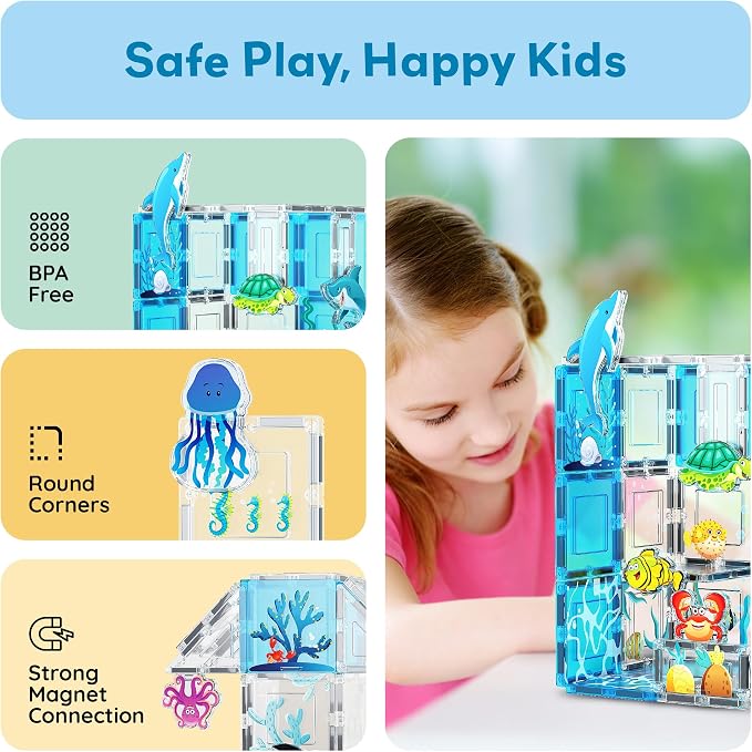PicassoTiles 52 PCS Magnetic Tiles Ocean Animal STEM Set 8 Figures Ages 3+ | 44 blocks, 22 aquatic prints, BPA-free & non-toxic plastic, strong hold, roleplay, sensory discovery, motor skills