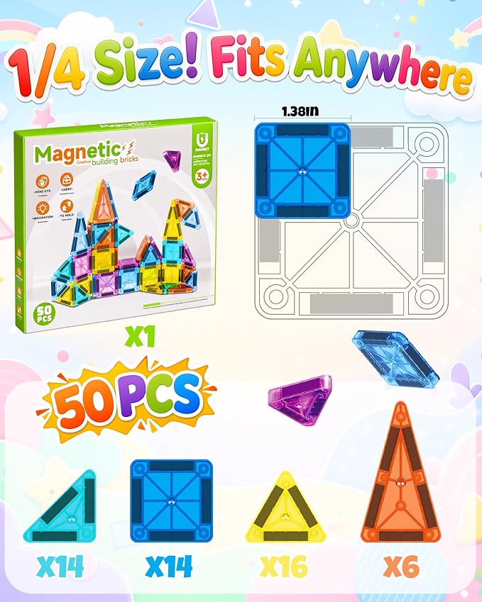 50 Piece Magnetic Tiles for Kids, STEM Toys Building Set, Age 3+ | Mini Magnetic Building Toys, Construction Magnetic Tiles Building Block, Ideal Gift for Boys Girls for Christmas Birthday