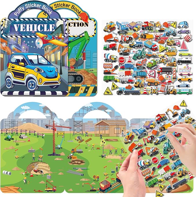 Elfew 2 Pack Puffy Vehicle Sticker Books for Toddlers Ages 2-4 3-5 | Extra-Large Tri-Fold Sticker Book, Construction Truck and Car Theme, Over 100+ Stickers, 3D Reusable, Activity Gifts for Boy
