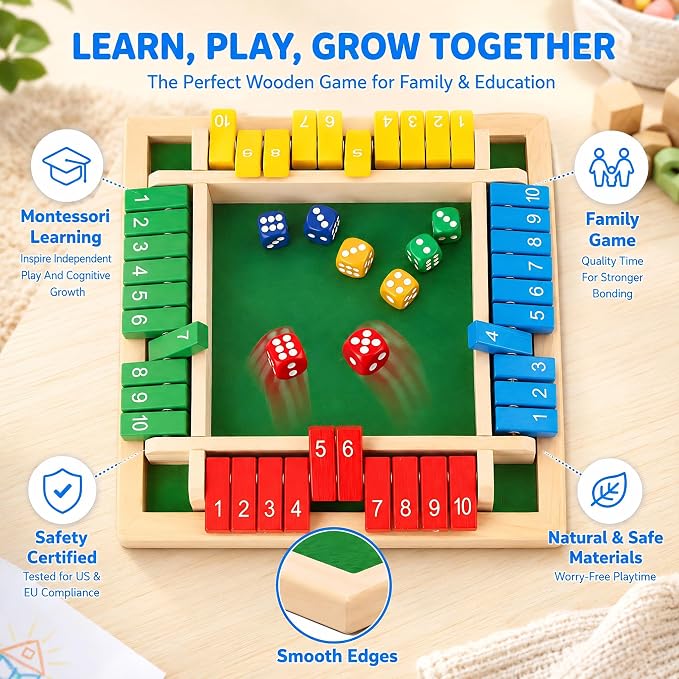 Shut The Box Math Board Game Wooden Dice Toy for 1-4 Players Kids Adults | Montessori STEM Education, Fine Motor Skills, Hand Eye Coordination, Preschool Development, Family Night, Camping Activity