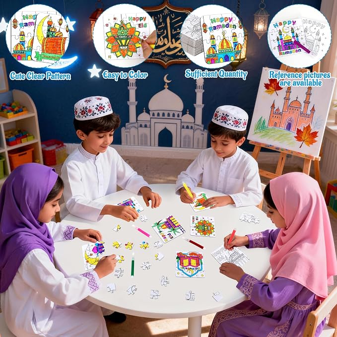 24 Pcs Ramadan Crafts for Kids, Eid Mubarak Arts and Crafts DIY Puzzle with Lanterns, Stars, Masjid, Moon, Castles, Ramadan Eid Activities Painting Kits for Islamic Gifts Party Favors & Goodies Bulk