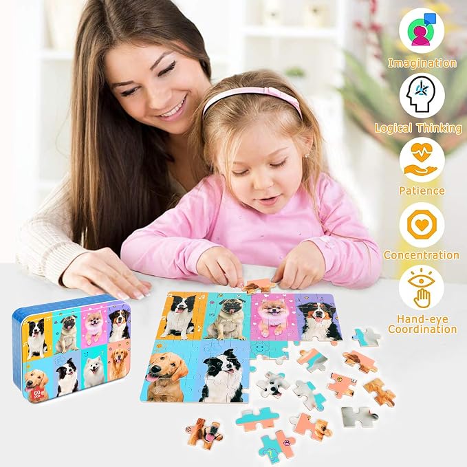 LELEMON Puzzles for Kids Ages 4-6,60 Piece Puzzles for Kids in Metal Box | Dog Children Jigsaw Puzzles for Kids Ages 3-5 Kids Puzzles,Educational Learning Puzzle Toys for Girls and Boys