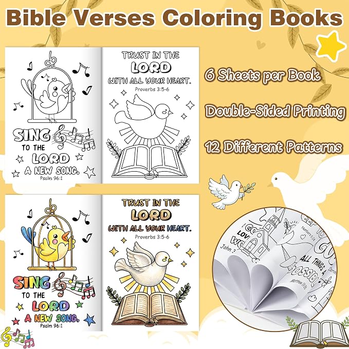 24Pcs Christian Bible Coloring Books - Religious Theme DIY Color-in Pages with Inspirational Words Scripture Drawing Holiday Activity Supplies for Sunday School Classroom Rewards Artwork Gift