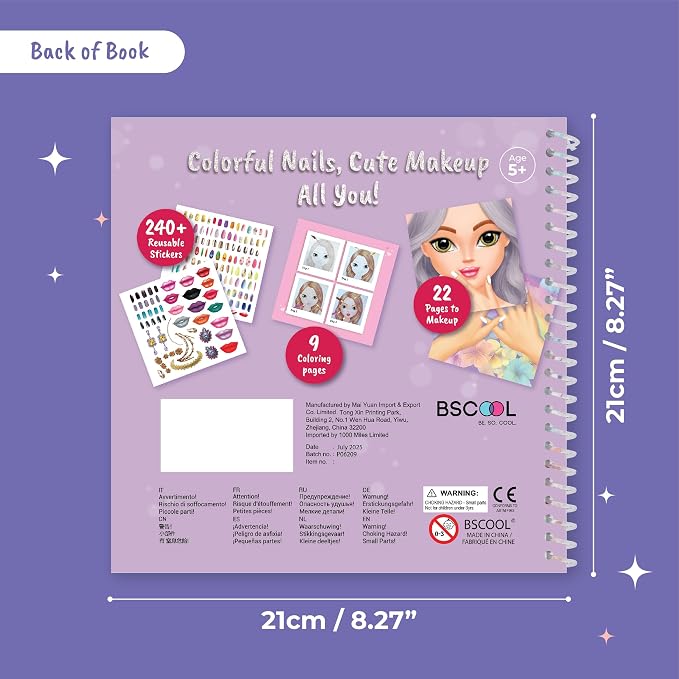 BSCOOL Nail Sticker Book for Kids – Drawing Coloring Makeup | Features 240+ removable stickers for endless nail design and makeup combinations. Suitable gift for girls ages 4 and up.
