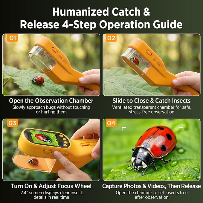 Kids Bug Catcher Microscope STEM Exploration Toy for Ages 3+ | 2.4" IPS screen, 500X Magnification, 8 LED lights, photo and video record, bug catching kit for kids 3‑12 outdoor STEM toy