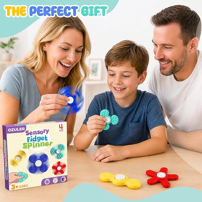 Silicone Sensory Fidget Spinner for Kids and Adults, Quiet Textured Fidget Toys with Soft Silicone Surface, Sensory Toys 4 Pack, Calm Focus Toy for Classroom, Office and Travel