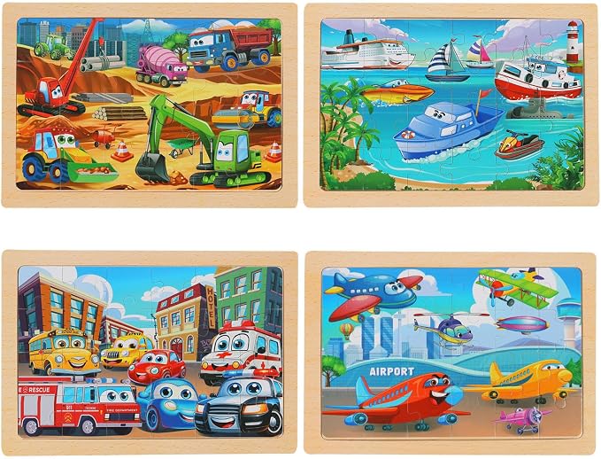 Puzzles for Kids Ages 4-6, 4-Pack 24-Piece Wooden Kids Puzzles | Construction Vehicle Themes | Educational Puzzles for Kids Ages 3-5, Age-Appropriate Learning Toys, Ages 3+