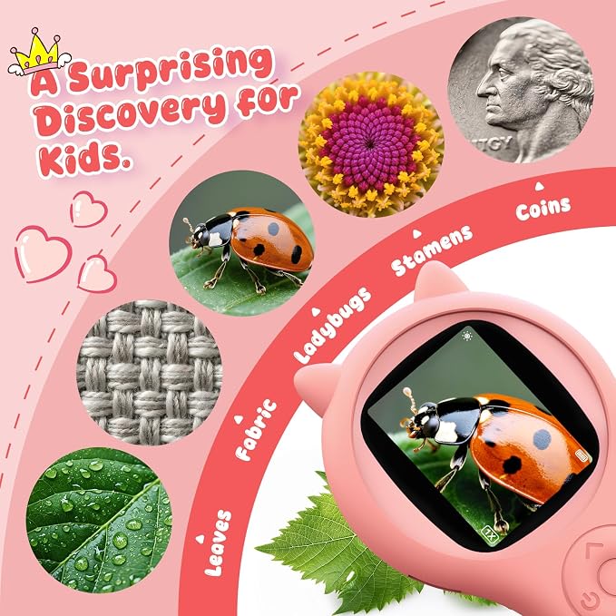Kids Microscope for Girls, 500X Portable Digital Microscope with 2" IPS Screen, Cute STEM Learning Toy, Birthday Gift for Girls Age 5-12 (Pink) (Pack of 3)