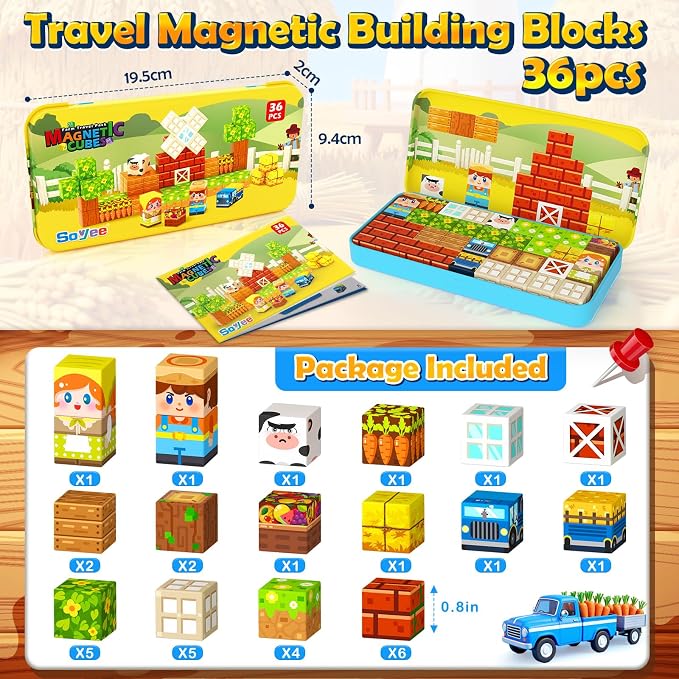 Magnetic Blocks Travel Toddler Toys Magnet Building Tiles STEM Sensory Toys | Construction Cubes Educational Toys with Portable Box, Christmas Birthday Kids Gifts for Boys Girls Ages 3-5 5-7 4-8
