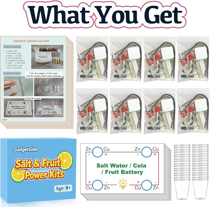8 Set Science Circuit Kits, STEM Kit Fruit Saltwater Battery Potato Lemon Light Bulb Experiments for Kids 8-12, Circuits for Class Electricity Projects 9 10 11 12 Year Old