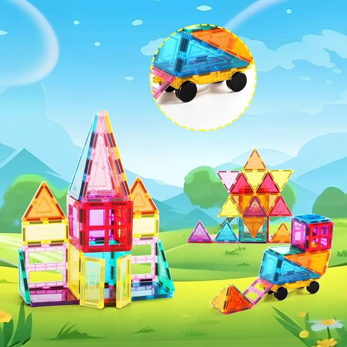 PicassoTiles Magnet Tile Building Blocks with Car Base Drawstring Storage Travel Bag Carry Case Magnetic Tiles Construction Toy STEM Learning Educational Kit Sensory Playset Preschool Kids 3+