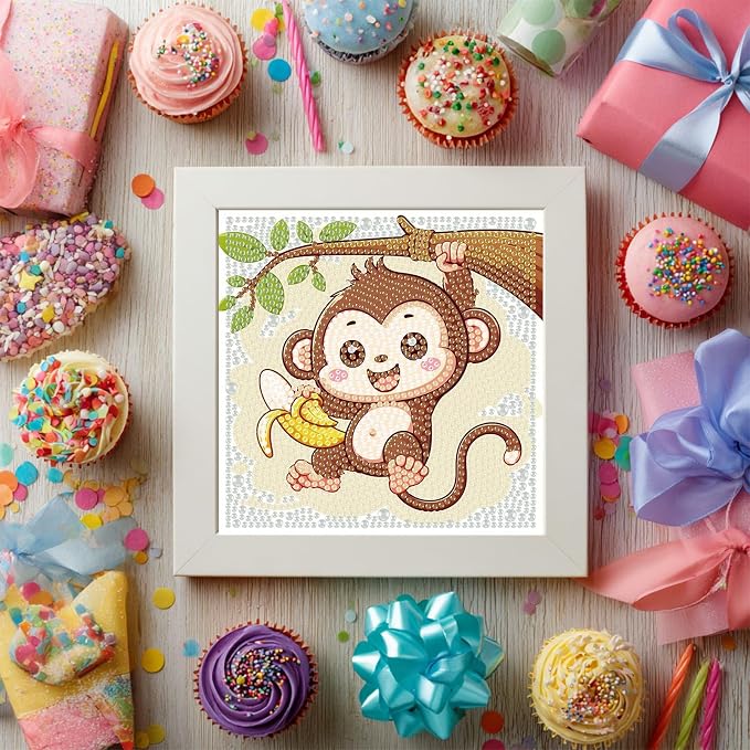 Gemozaic Monkey Diamond Art Kits for Kids Ages 4-8-12 with Frame, 7 x 7 in | Cute Monkey Diamond Art for Kids 10 Year Old, DIY Easy Kid Big Gem Painting, Animal Arts and Crafts for Girl Birthday Gift