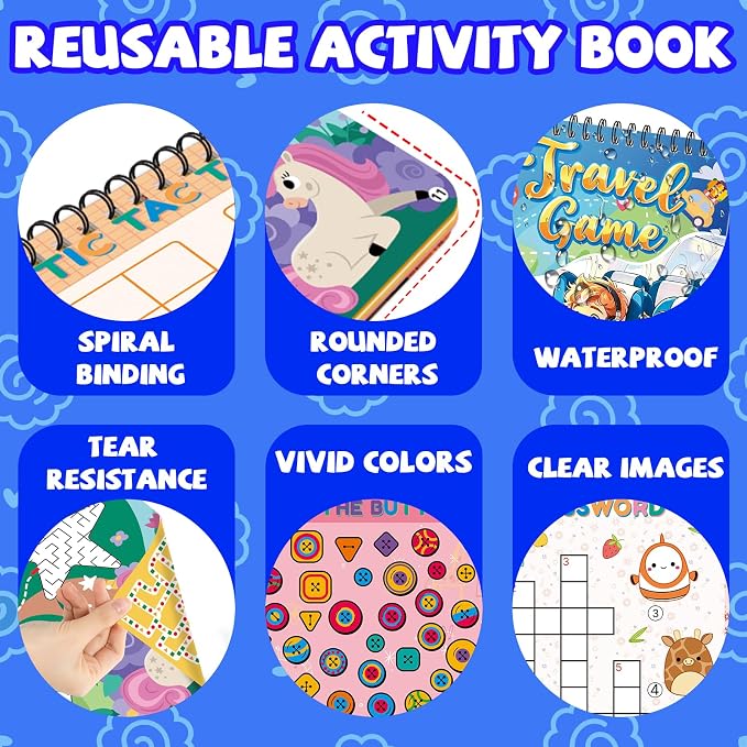 Elfew 2 Pack Reusable Wipe Clean Travel Game Activity Books for Kids 8-12 | 11 in 1 Types of Games, Reusable, PET Lamination, Spiral Binding, Portable, Designed for Travel, Tear Resistant,