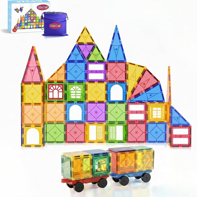 URBAN TOYS 100-Piece Magnetic Tiles for Kids Ages 3+ - STEM Building Blocks, Creative Construction Toy, Magnetic Tiles Blocks for Learning and Play Preschool Kids Games