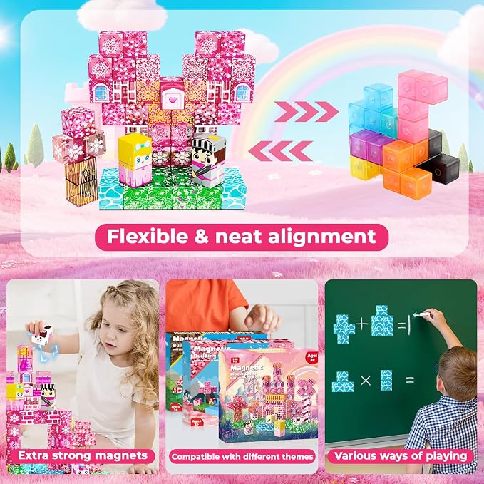 Magnetic Blocks - 100 PCS Transparent Magnetic Building Block for Kids, Pink Princess Castle Magnet Cubes Sets, Princess Toys for Girls Ages 3 4 5 6 7 8-12 Birthday Gifts