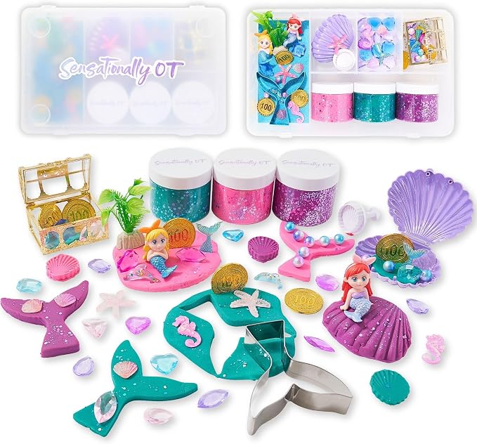 Mermaid Sensory Dough Kit (3 Jars) Non-Toxic Dough with Cutters, Stampers, Coins, Pearls, Seahorses, Starfish, Treasure Box - Perfect Creative Play and Gift for Kids & Toddlers
