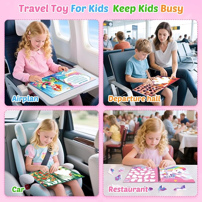 4PCS Paint by Sticker Book for Kids Ages 4-8 - Sticker by Number Activity Books with Stories for Toddlers 2-4 | Travel Airplane Car Toys, Screen-Free Puzzle Gift for Girls Ages 3-5 4-6 6-8