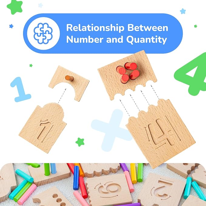 Peg Board for Toddlers - Wooden Counting Peg Board and Number Tracing Set, Montessori Math Toy for Preschoolers and Kindergarten (55 Pegs, 10 Boards, 1 Pencil)
