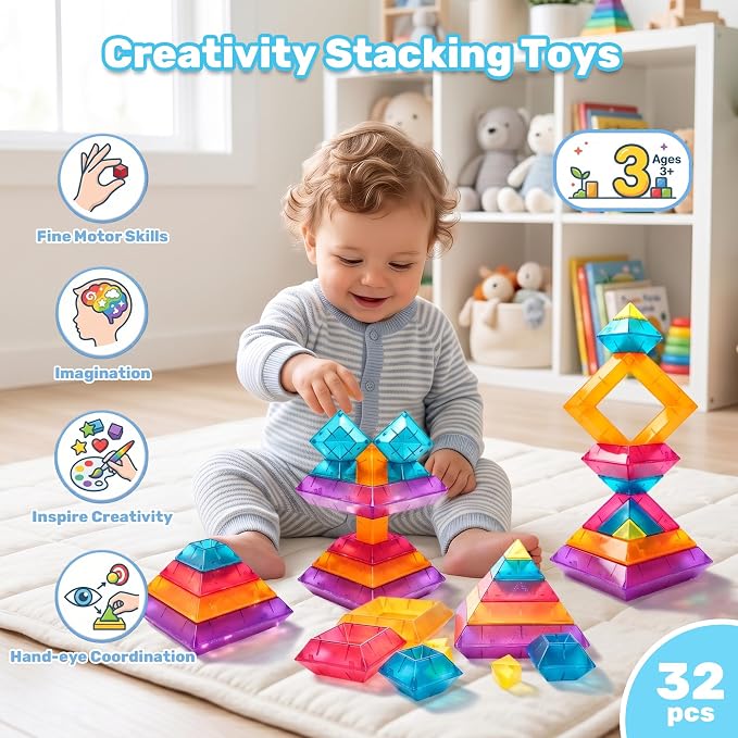 32-Piece Building Blocks, Sensory Pyramid Stacking Toys for Kids Ages 3+ | STEM & Montessori Preschool Toys, Light Table Compatible Building Set - Ideal Gift for Boys & Girls Ages 3 4 5 6