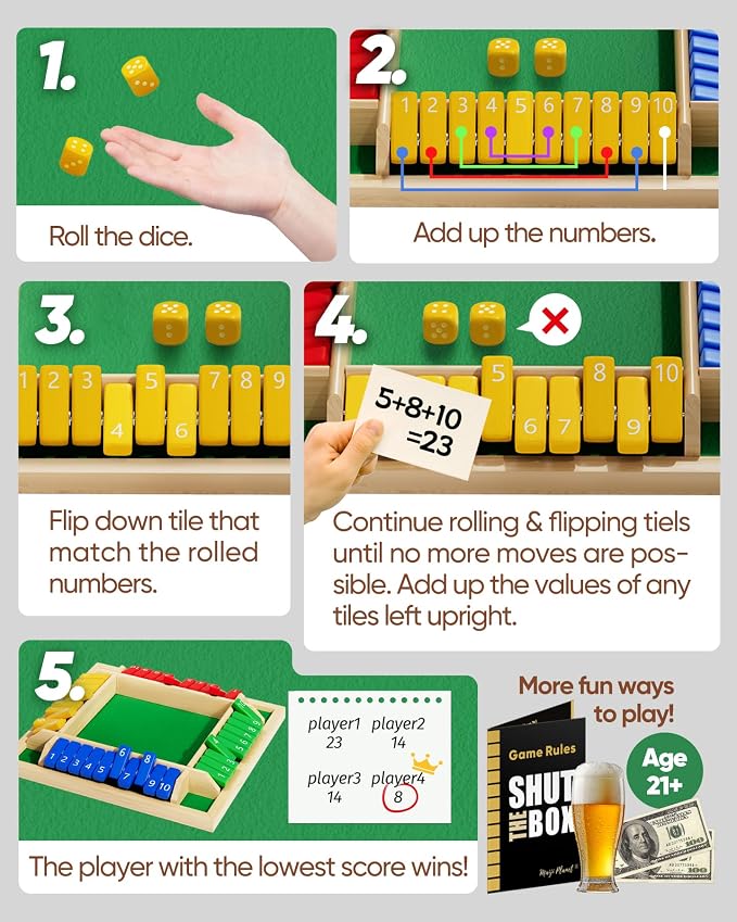 Classic Original Shut The Box Game Wooden Math Dice Board Game 2-4 Players | Table Games for Family Night Classroom Travel, Gifts for Group Kid Adult Senior, Camp Party Bar, Easy Quick and Fun