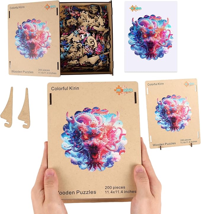 MEATRN Dragon Wooden Puzzles for Adults, Wooden Jigsaw Puzzles, 203 Pcs | Oriental Mythology Kirin Luxury Wood Wall Decorative for Collectors, Unique Gift & Home Decor, 11.4x11.4 in