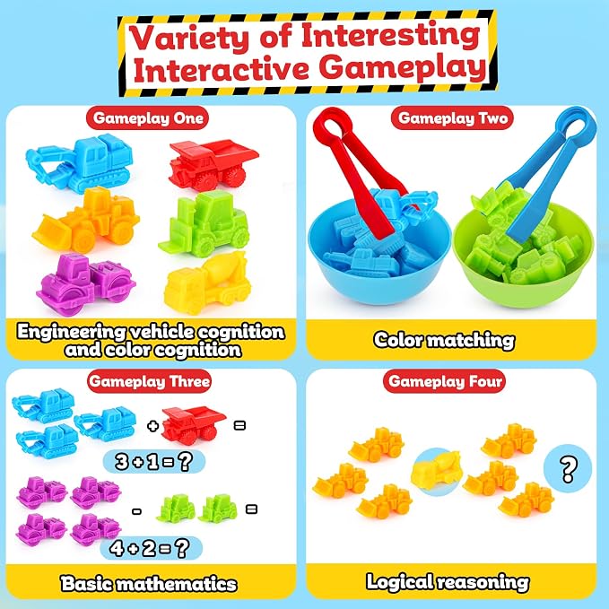Counting Construction Vehicles Color Sorting Matching Games for Kids 3-5, Preschool Educational Learning Fine Motor Counting Transportation Matching Classroom Sensory Table Toys for Boys Girls