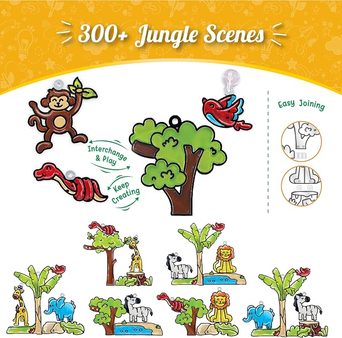 Imagimake Window Art - Jungle, DIY Mess-Free 16 Pieces Suncatcher Kit | Stained Glass Painting Craft Activity for Kids, Birthday Gift for Boys & Girls Ages 5,6,7,8,9,10,12 Years Old