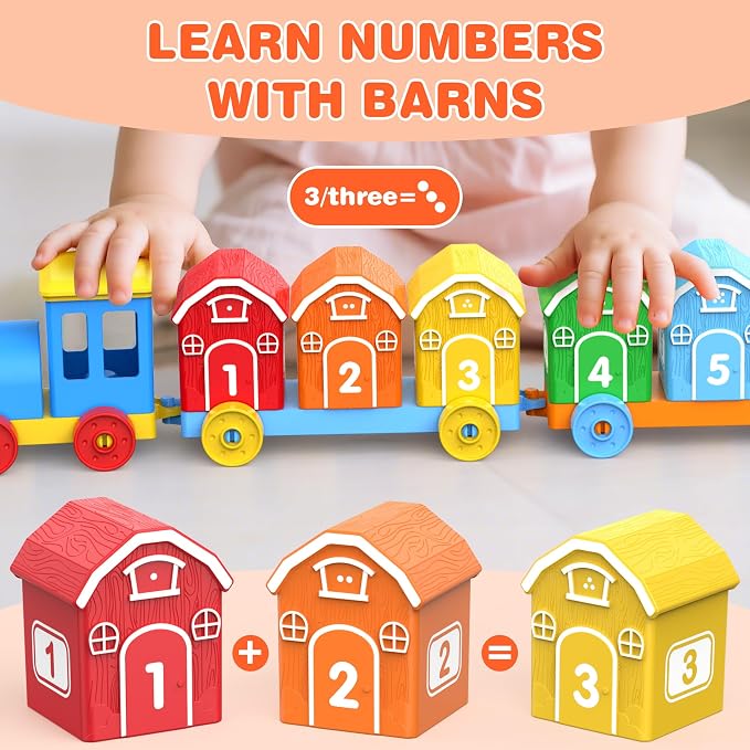 Montessori Learning Toy Toddler Animal Train Counting Barns Puppets | Montessori toy farm train set with 9 barns & 10 finger puppets for matching sorting, preschool gift for toddler boys girls
