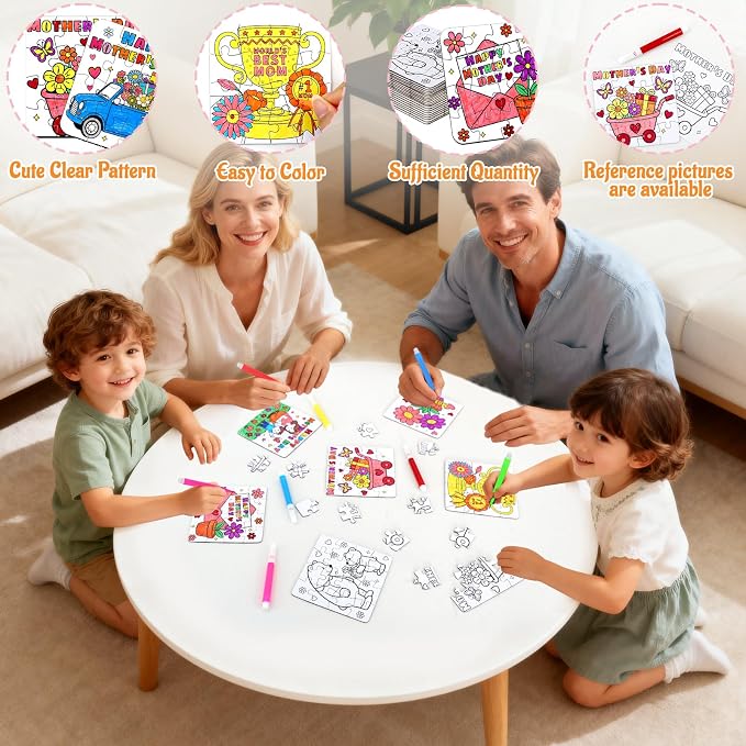 24 Set Mothers Day Crafts for Kids Classroom Bulk, Mother's Day Arts and Crafts DIY Paper Jigsaw Puzzle with Flower Bear Heart, Spring Activities Painting Kits for School Gifts Party Favors & Goodies