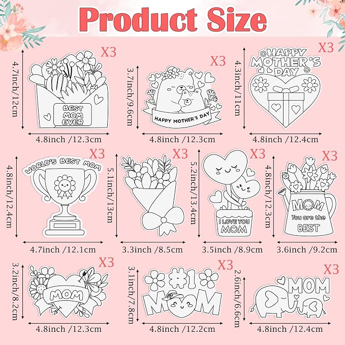 Mother's Day Coloring Arts Crafts Kits - 30Pcs Color Your Own Happy Mother's Day Magnets for Kids DIY Flower Heart Coloring Magnets for Holiday Party Fridge Refrigerator School Activities Decorations