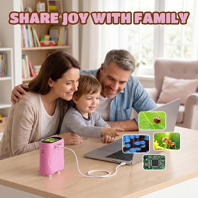 1000X Digital Microscope for Kid Handheld: 2-in-1 Telescope Portable STEM Toy - Birthday Gift for Boy Girl - Science Kits 10X Magnifying Glass for Age 3-8 8-12 USB Gadget Pink