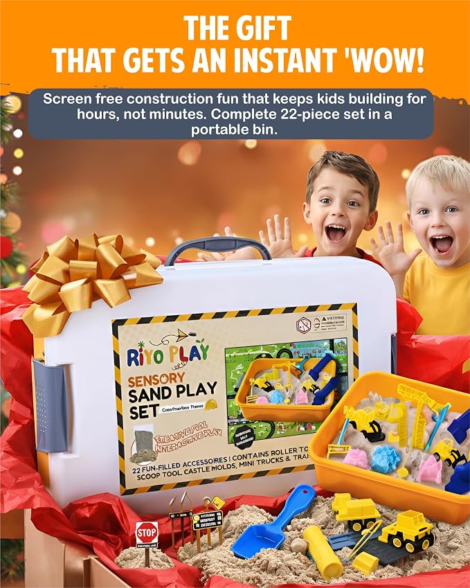 Construction Sensory Bin for Toddlers, 2-in-1 Play Mat, Ages 3+ | 2.6 lbs Moldable Magic Sand · 22-Piece Kit · Snap-lid Bin w/ Handle · Sensory Kit · Learning Activity · Ages 3-7