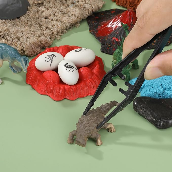 Dinosaur Sensory Bin Kit for Kids - Wooden Sensory Box with Putty, Dino Figures, Volcano & Tools | Montessori STEM Learning Toy | Dinosaur Excavation & Imaginative Play Set for Boys & Girls Ages 4-8