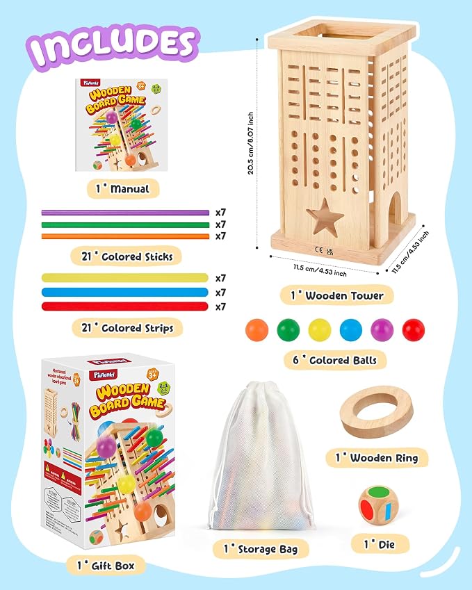 Montessori Wooden Board Game for Kids 3–8 Fine Motor Skills Toy Learning | 21 sticks & 21 strips, 2 play modes, cognitive growth & color matching — CPC-certified rubberwood, safe gift boys girls 3–8