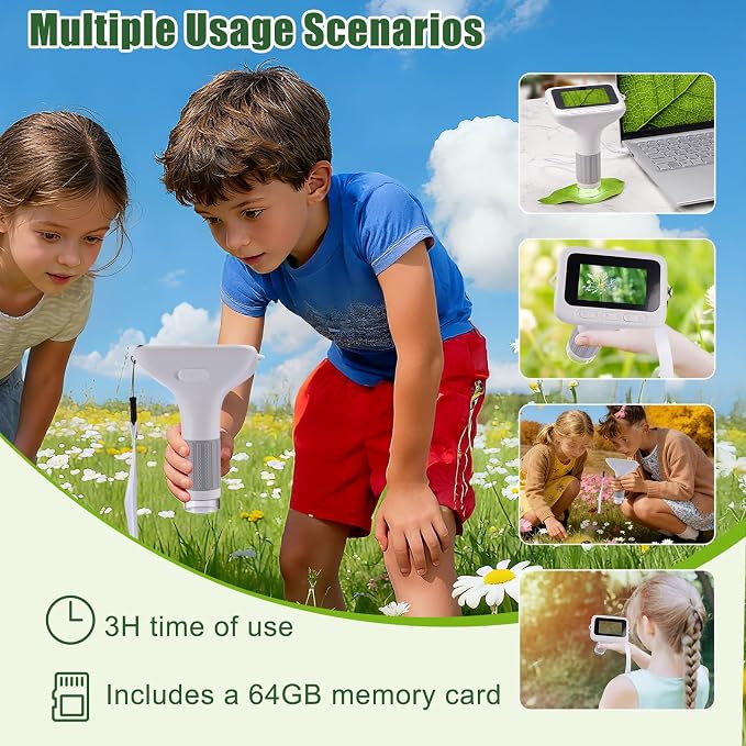 HOMEE 3" Kids Digital Microscope Kit, Portable Handheld Pocket Micro Scope | 1000X Handheld LED Microscope with 12 Slides, Photo & Video, Science Educational Toys Birthday Gifts for Boys and Girls,White