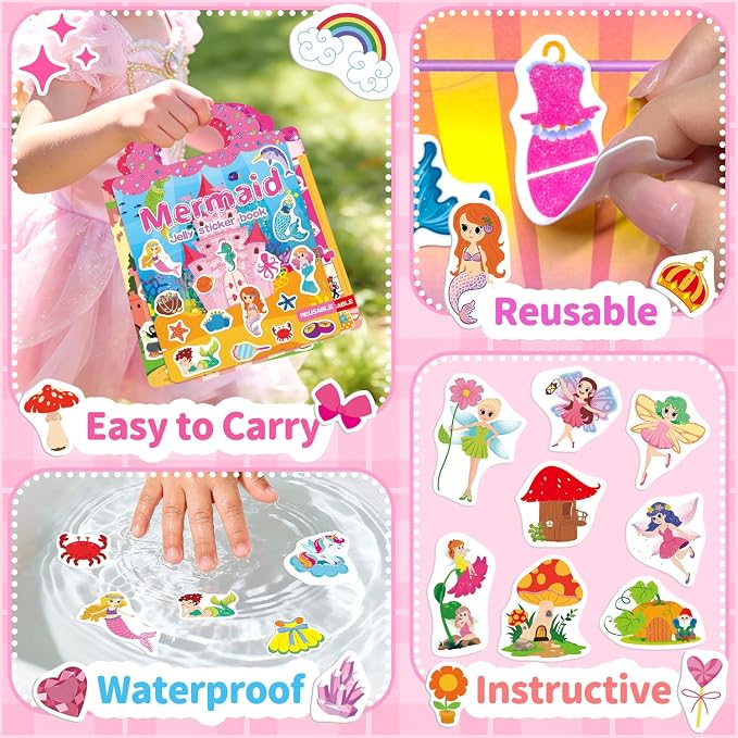 3 Sets Reusable Sticker Book for Toddlers 3-6, Jelly Sticker Books for Toddler, Travel Sticker Activity Toys for Kids 3 4 5 6 Years Old Girls & Boys (Unicorn+Magic+Wardrobe)