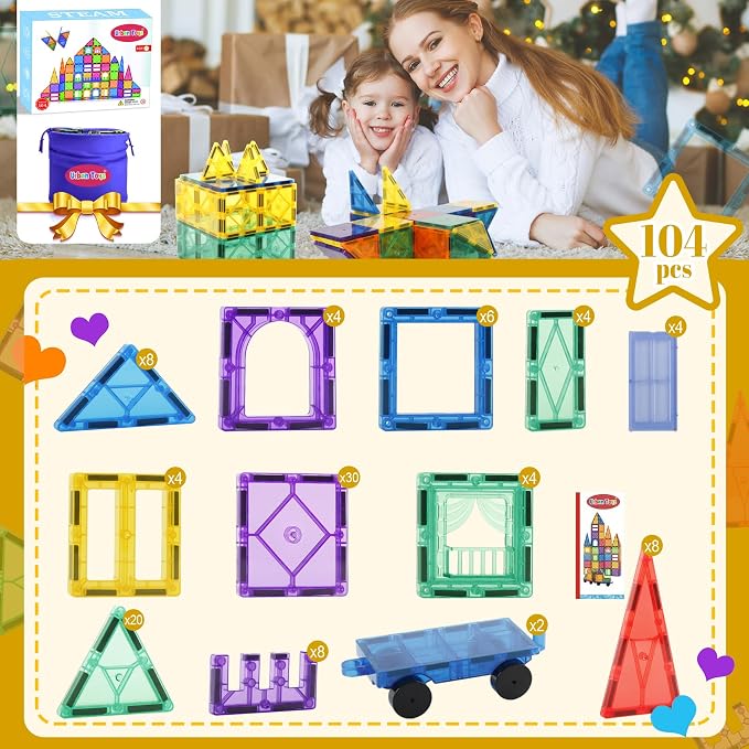 URBAN TOYS 100-Piece Magnetic Tiles for Kids Ages 3+ - STEM Building Blocks, Creative Construction Toy, Magnetic Tiles Blocks for Learning and Play Preschool Kids Games