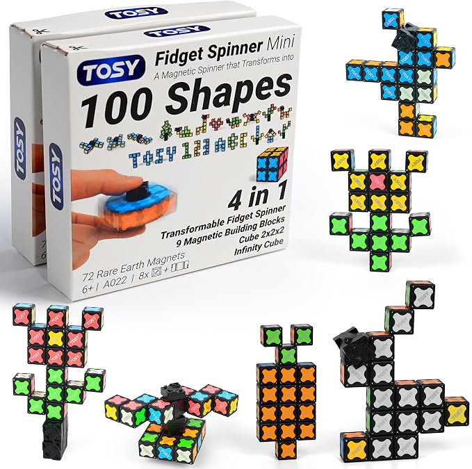 TOSY Magnet Fidget Spinner Mini - 8 Blocks, 3 in 1 Toy: Transformable Fidget Spinner, Infinity Cube, 2x2 Puzzle Cube, Stress Relief, STEM Magnet Tiles Birthday Gift for Kids/Boys/Girls/Adults, 2-Pack