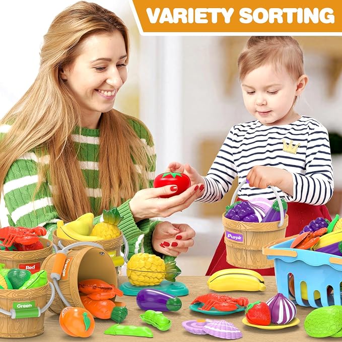 Play Food Toys with with Shopping Storage Basket, Cutting Food Sorting Toy | Pretend Play Kitchen Accessories, Cutting Food Sorting Toy, Fake Fruits/Vegetables Set , Plastic Board and Knife, Birthday