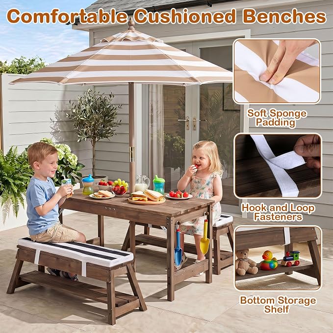 Costzon 4-in-1 Kids Picnic Table with Umbrella, Sand & Water Sensory Bins | Wooden Toddler Outdoor Table with Benches, Cushions, Cover, Gardening Tools, Kids Outdoor Furniture for Patio Backyard